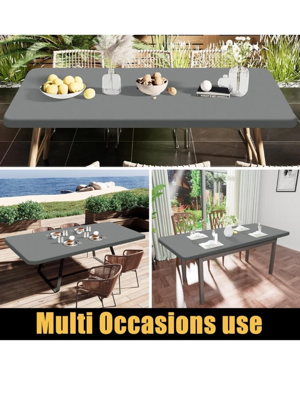 VINYL Tablecloth Elastic Fitted Flannel Back RECTANGULAR 30x72” (3-pack) GRAY